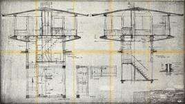 852496 Doorsneden van het te bouwen seinhuis (N.X.-post of Centrale Verkeersleidingspost) van de N.S. bij het ...